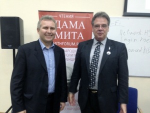 Pictured: Executive Director of the EPI Igor Suzdaltsev meeting with then-Chairman of the Libertarian Party Geoffrey Neale. The Executive Director of the Institute EPI Igor Suzdaltsev met in Moscow with the then- chairman of the National Committee of the Libertarian Party of Geoffrey Neale . Mr. Neal praised the publication of the scholarly scientific article, "World history and the role of Russia in terms of classical libertarianism", written by libertarian theorist and LP member Kevin Bjørnson, in the EPI scientific journal "Modern Scientific Thought" (2013 , № 4 , pp. 27-34 ) 